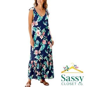 Tommy Bahama Navy Tropical Floral Sleeveless Maxi Dress Flounce Hem M EUC